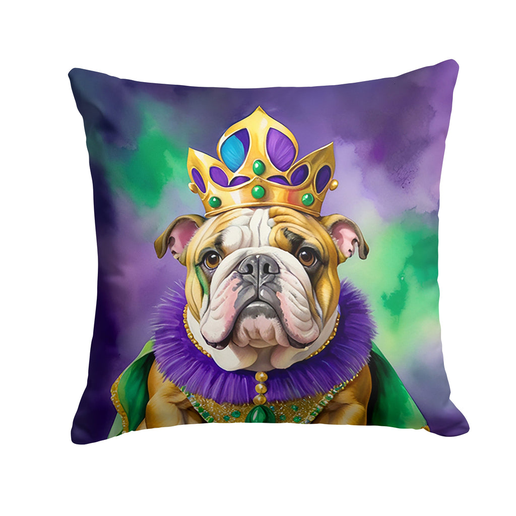 English Bulldog King of Mardi Gras Decorative Throw Pillow 14x14 Indoor Outdoor Accent Cushion, Fabric Cover with Insert for Sofa, Bed, Porch & Living Room