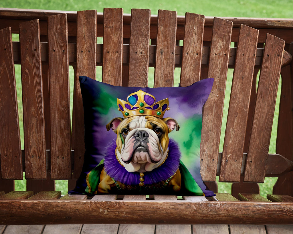 English Bulldog King of Mardi Gras Decorative Throw Pillow 14x14 Indoor Outdoor Accent Cushion, Fabric Cover with Insert for Sofa, Bed, Porch & Living Room