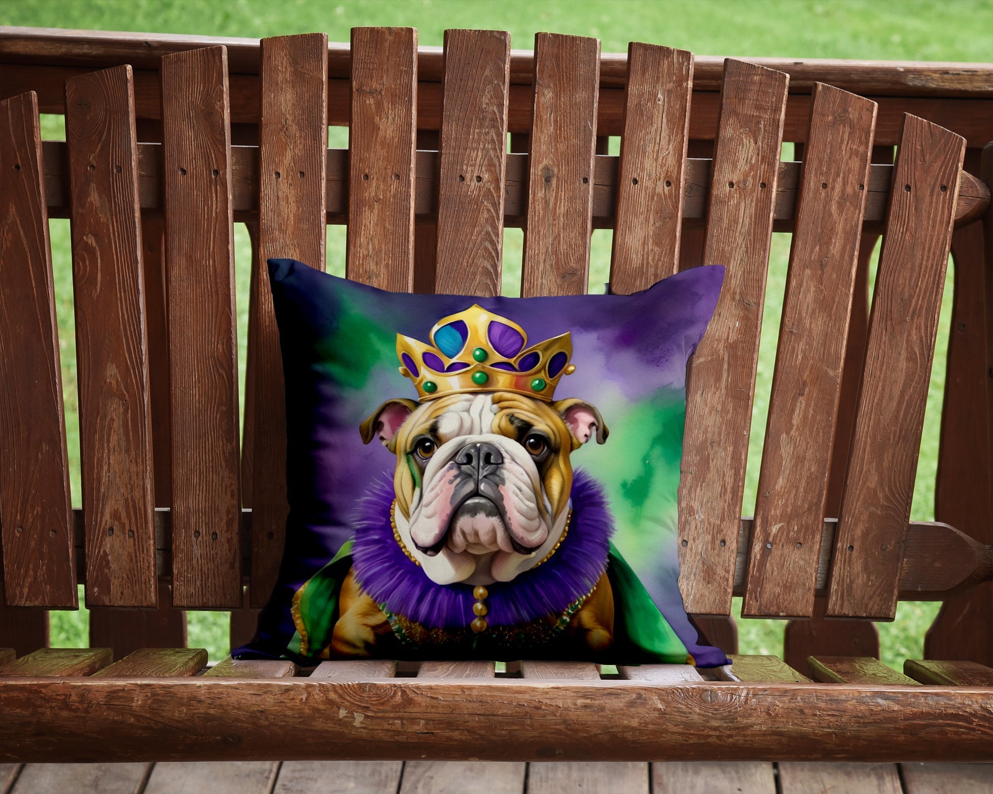 English Bulldog King of Mardi Gras Decorative Throw Pillow 14x14 Indoor Outdoor Accent Cushion, Fabric Cover with Insert for Sofa, Bed, Porch & Living Room