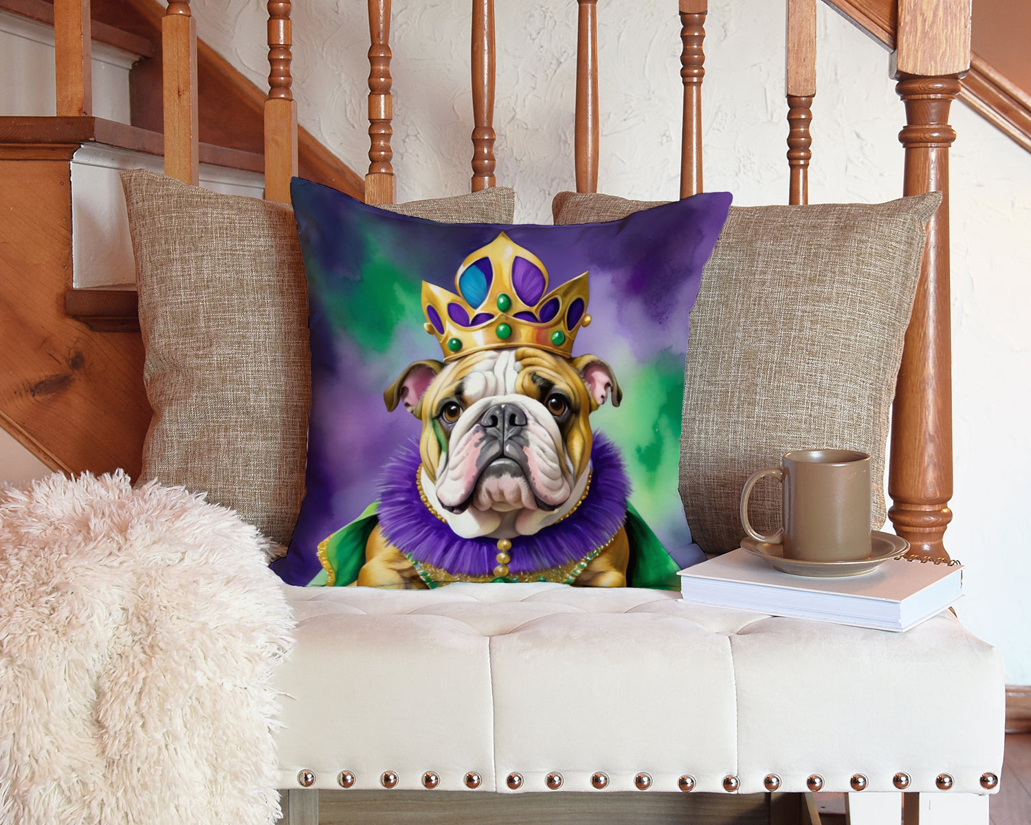 English Bulldog King of Mardi Gras Decorative Throw Pillow 14x14 Indoor Outdoor Accent Cushion, Fabric Cover with Insert for Sofa, Bed, Porch & Living Room