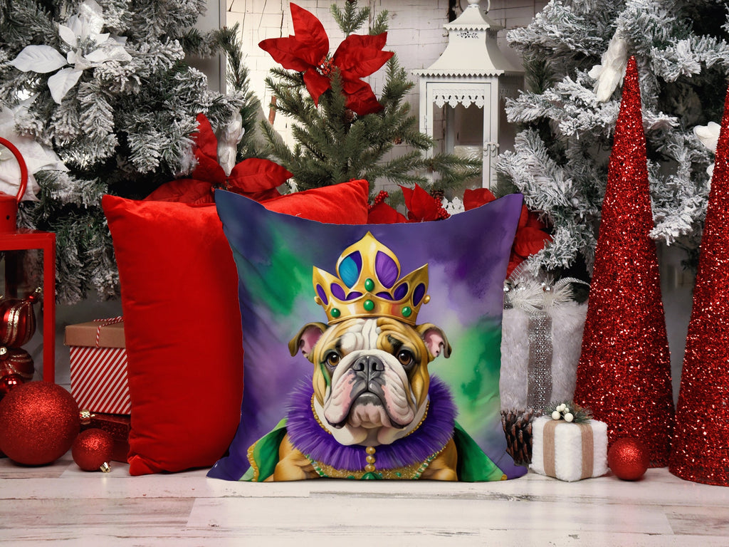 English Bulldog King of Mardi Gras Decorative Throw Pillow 14x14 Indoor Outdoor Accent Cushion, Fabric Cover with Insert for Sofa, Bed, Porch & Living Room