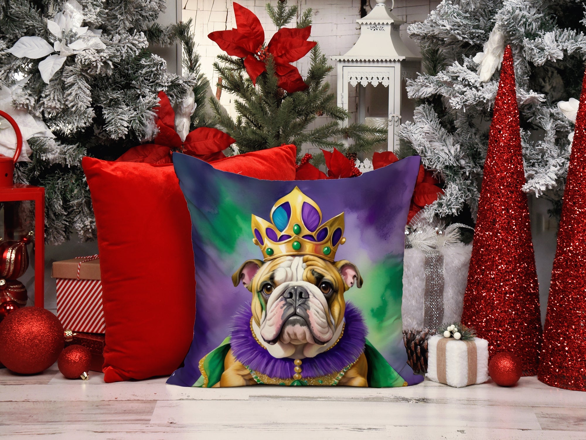 English Bulldog King of Mardi Gras Decorative Throw Pillow 14x14 Indoor Outdoor Accent Cushion, Fabric Cover with Insert for Sofa, Bed, Porch & Living Room
