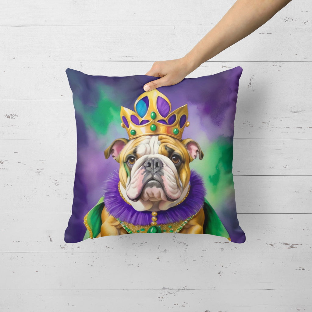 English Bulldog King of Mardi Gras Decorative Throw Pillow 18x18 Indoor Outdoor Accent Cushion, Fabric Cover with Insert for Sofa, Bed, Porch & Living Room