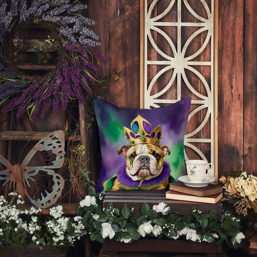 English Bulldog King of Mardi Gras Decorative Throw Pillow 18x18 Indoor Outdoor Accent Cushion, Fabric Cover with Insert for Sofa, Bed, Porch & Living Room
