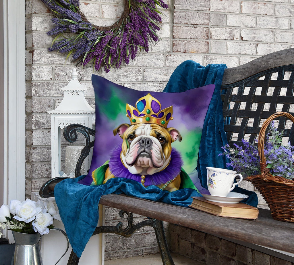 English Bulldog King of Mardi Gras Decorative Throw Pillow 18x18 Indoor Outdoor Accent Cushion, Fabric Cover with Insert for Sofa, Bed, Porch & Living Room