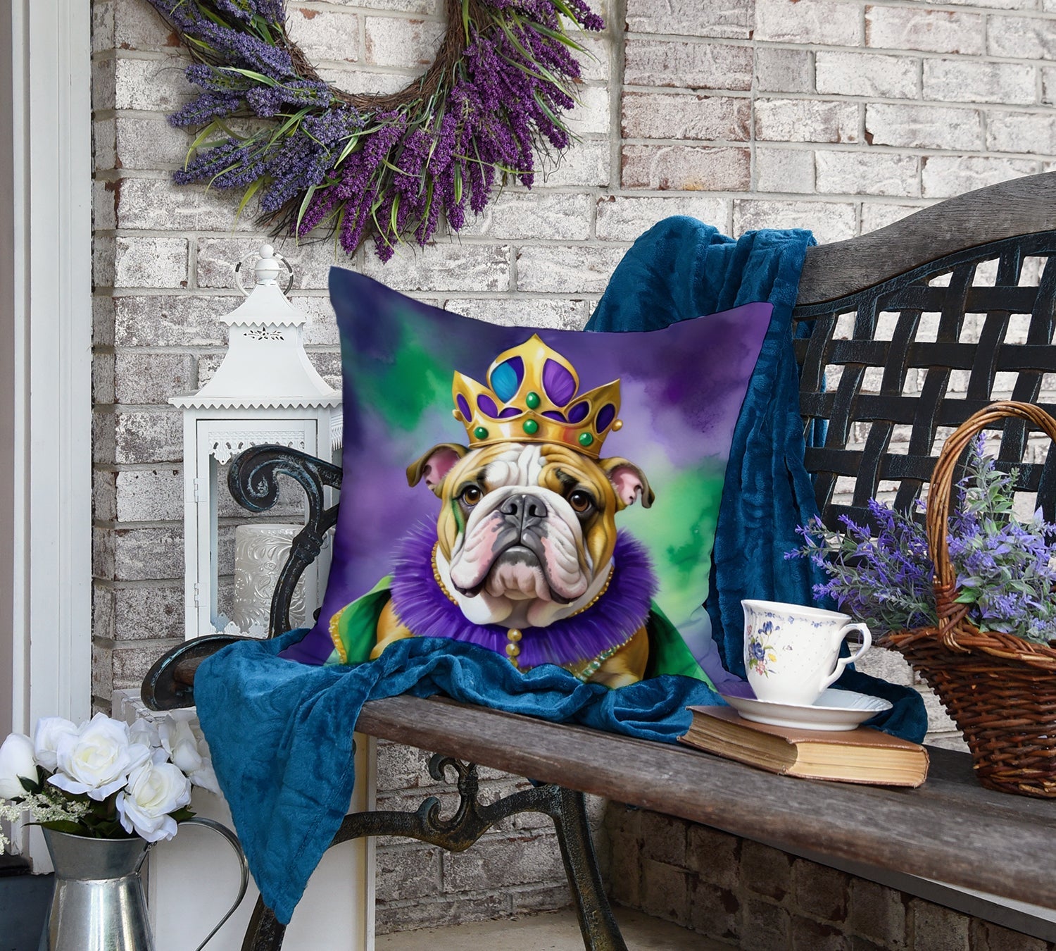 English Bulldog King of Mardi Gras Decorative Throw Pillow 18x18 Indoor Outdoor Accent Cushion, Fabric Cover with Insert for Sofa, Bed, Porch & Living Room