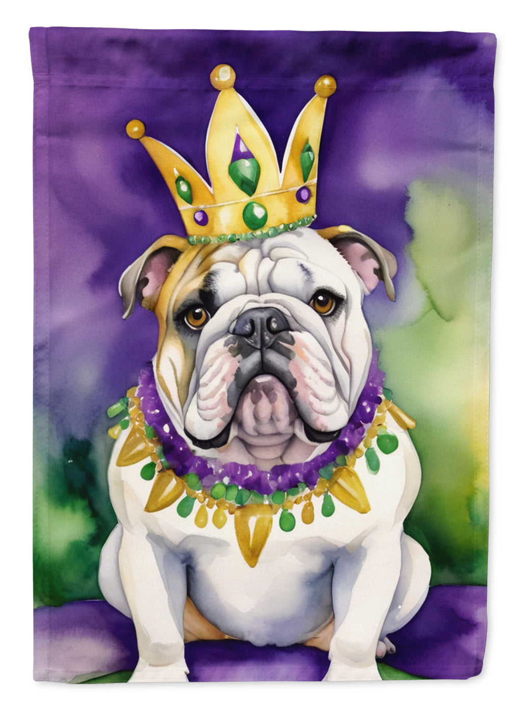 English Bulldog King of Mardi Gras House Flag 28x40 Porch Sleeve Pole Decorative Outside Yard Banner Artwork Wall Hanging, Polyester