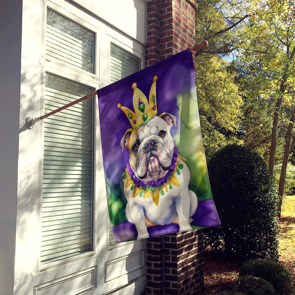 English Bulldog King of Mardi Gras House Flag 28x40 Porch Sleeve Pole Decorative Outside Yard Banner Artwork Wall Hanging, Polyester