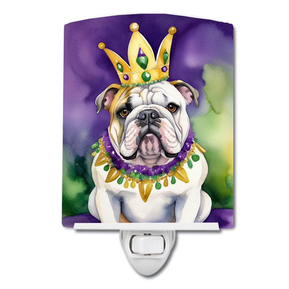 English Bulldog King of Mardi Gras Ceramic Night Light Compact, UL-Certified, Ideal for Bedroom, Bathroom, Nursery, Hallway, Kitchen, 6x4x3, Multicolor