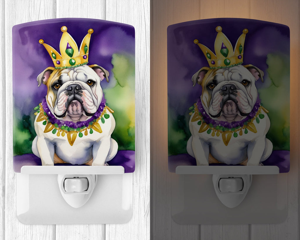 English Bulldog King of Mardi Gras Ceramic Night Light Compact, UL-Certified, Ideal for Bedroom, Bathroom, Nursery, Hallway, Kitchen, 6x4x3, Multicolor