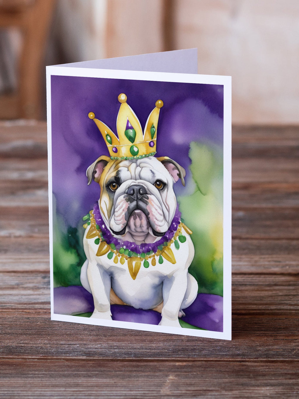English Bulldog King of Mardi Gras Greeting Cards Pack of 8 Blank Cards with Envelopes Whimsical A7 Size 5x7
