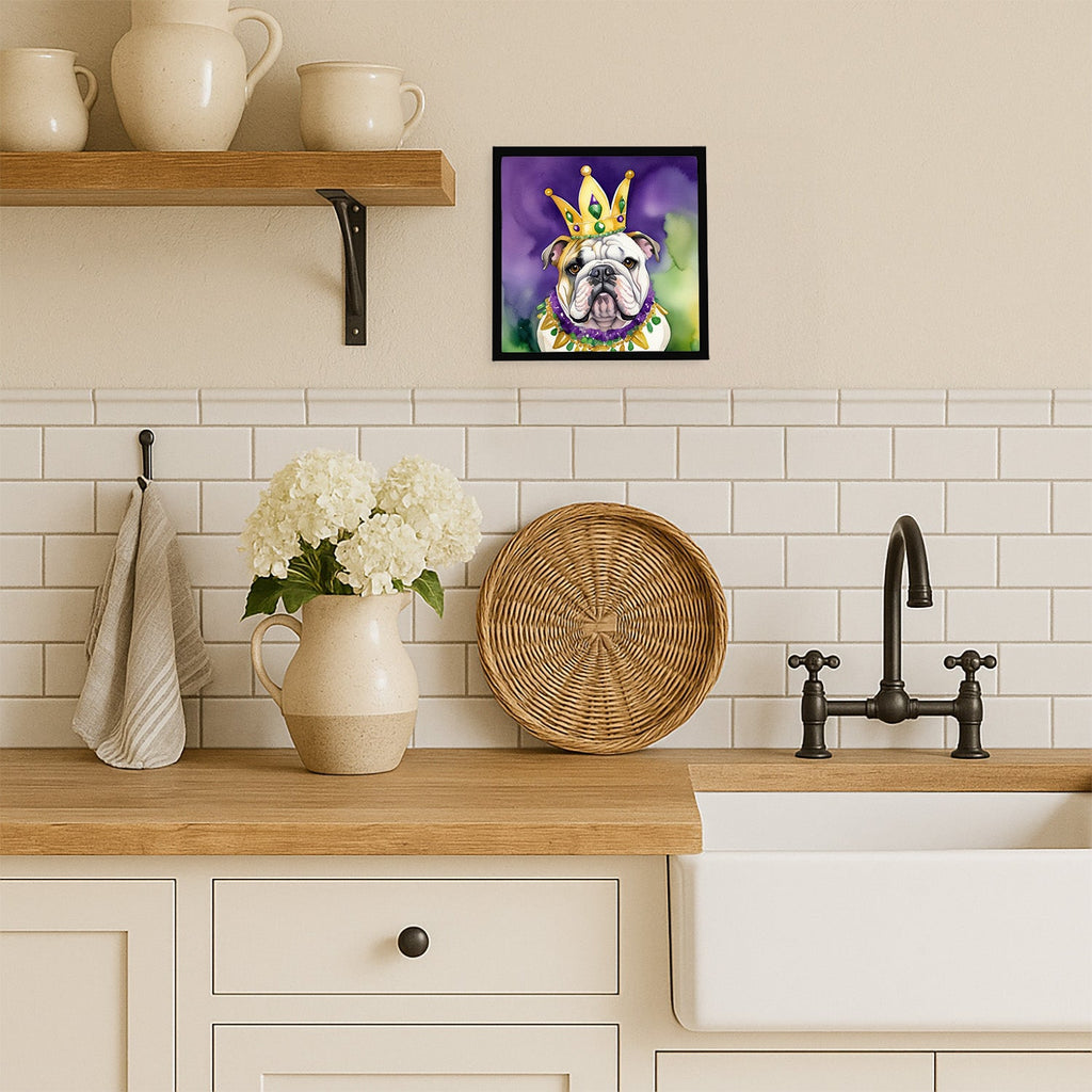 English Bulldog King of Mardi Gras Framed Metal Print Bathroom, Kitchen, Office, Home Decor Wall Art Ready to Hang, Square, 8X8