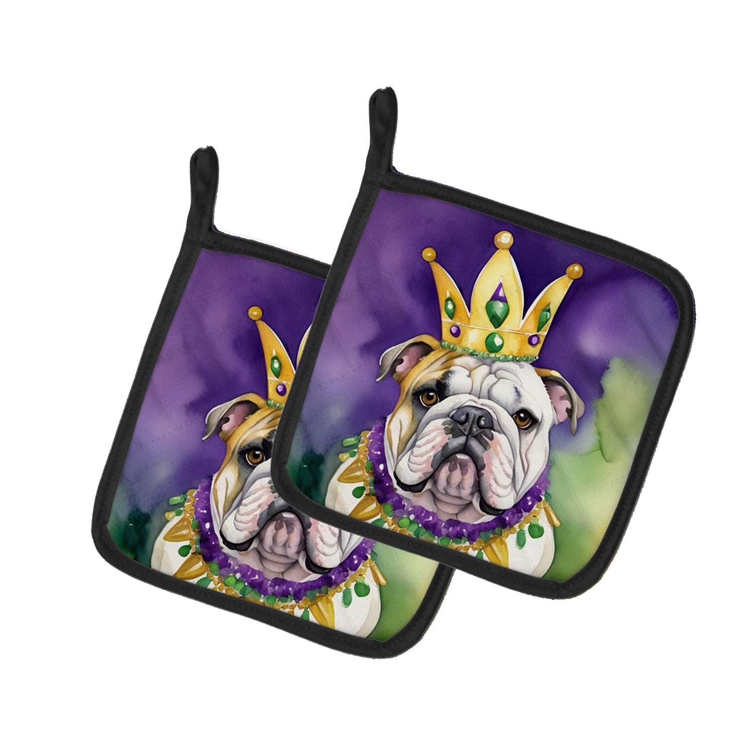 English Bulldog King of Mardi Gras Pot Holder Set of 2 Heat Resistant Quilted Hot Pads 7.5 x 7.5 Inch, Insulated Kitchen Trivets for Cooking & Baking