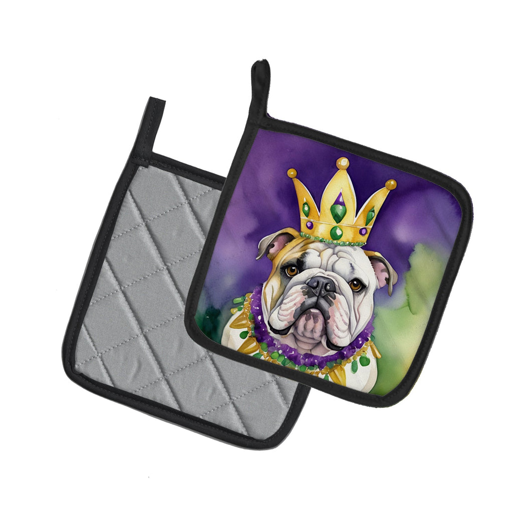 English Bulldog King of Mardi Gras Pot Holder Set of 2 Heat Resistant Quilted Hot Pads 7.5 x 7.5 Inch, Insulated Kitchen Trivets for Cooking & Baking
