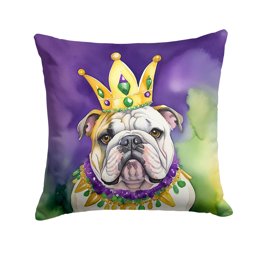 English Bulldog King of Mardi Gras Decorative Throw Pillow 14x14 Indoor Outdoor Accent Cushion, Fabric Cover with Insert for Sofa, Bed, Porch & Living Room