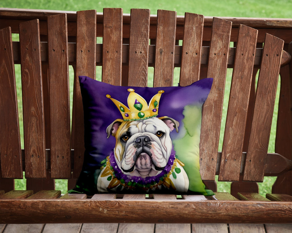 English Bulldog King of Mardi Gras Decorative Throw Pillow 14x14 Indoor Outdoor Accent Cushion, Fabric Cover with Insert for Sofa, Bed, Porch & Living Room