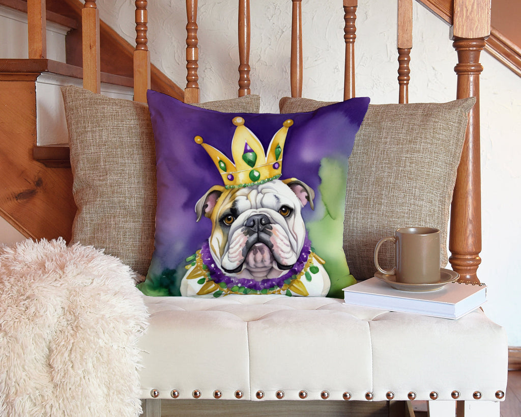 English Bulldog King of Mardi Gras Decorative Throw Pillow 14x14 Indoor Outdoor Accent Cushion, Fabric Cover with Insert for Sofa, Bed, Porch & Living Room