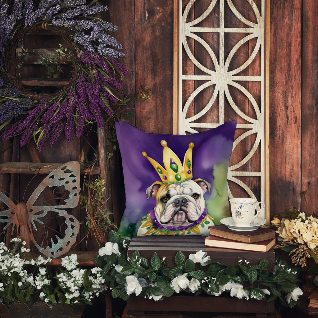 English Bulldog King of Mardi Gras Decorative Throw Pillow 14x14 Indoor Outdoor Accent Cushion, Fabric Cover with Insert for Sofa, Bed, Porch & Living Room