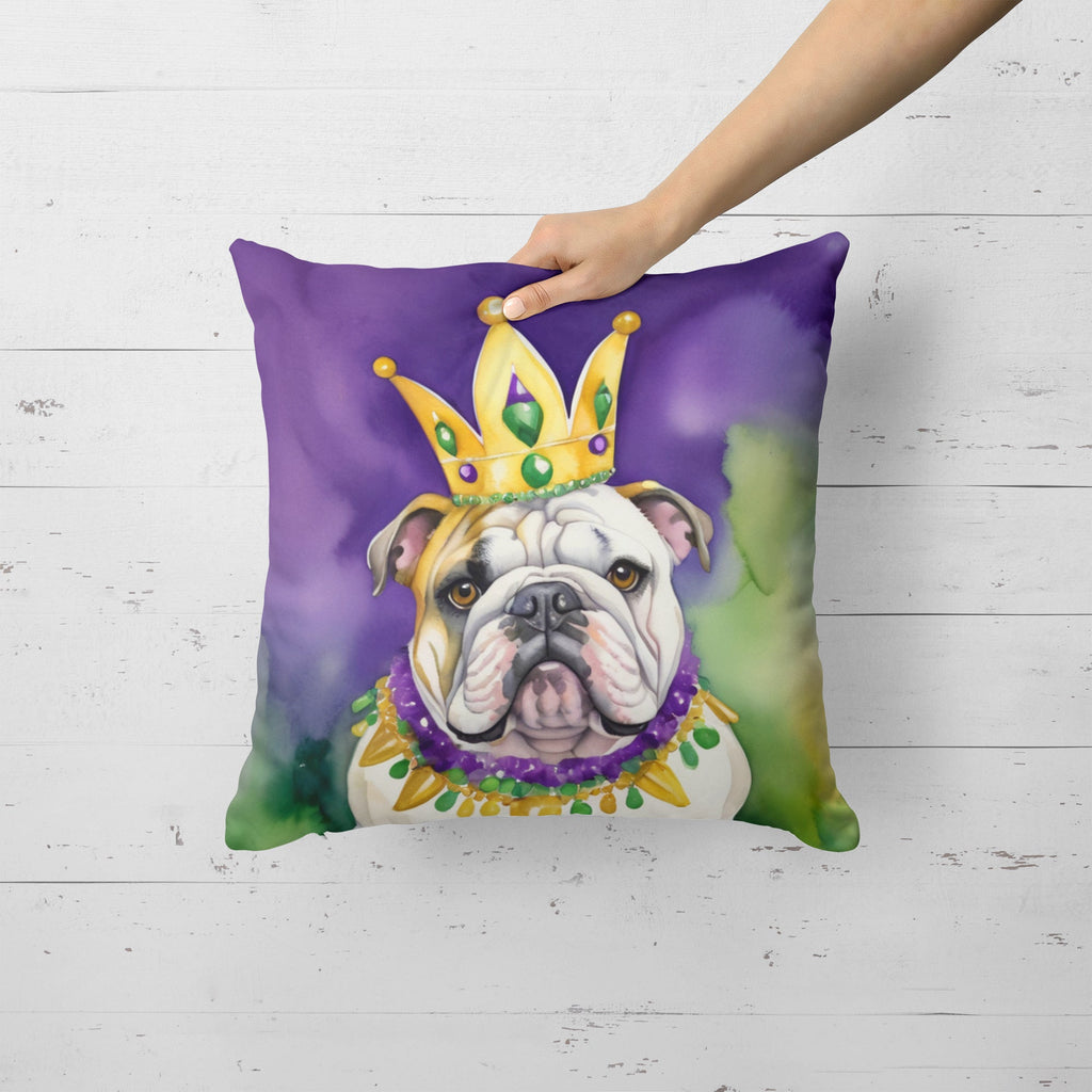 English Bulldog King of Mardi Gras Decorative Throw Pillow 18x18 Indoor Outdoor Accent Cushion, Fabric Cover with Insert for Sofa, Bed, Porch & Living Room