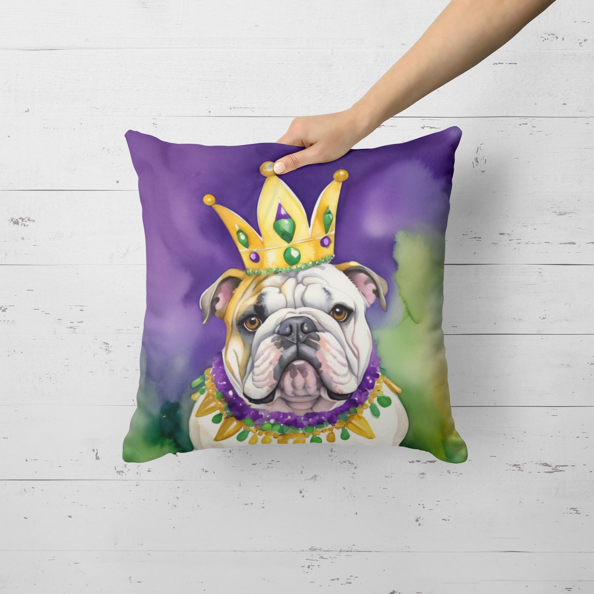 English Bulldog King of Mardi Gras Decorative Throw Pillow 18x18 Indoor Outdoor Accent Cushion, Fabric Cover with Insert for Sofa, Bed, Porch & Living Room