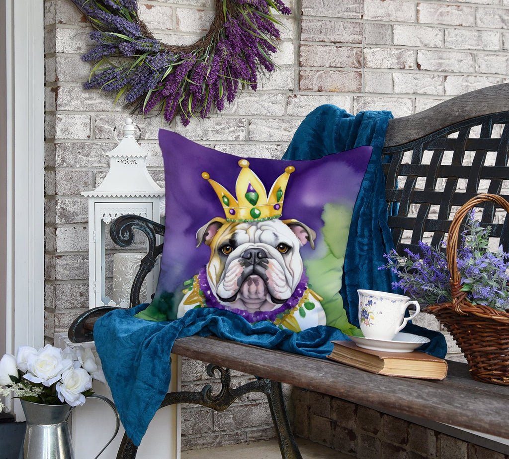 English Bulldog King of Mardi Gras Decorative Throw Pillow 18x18 Indoor Outdoor Accent Cushion, Fabric Cover with Insert for Sofa, Bed, Porch & Living Room