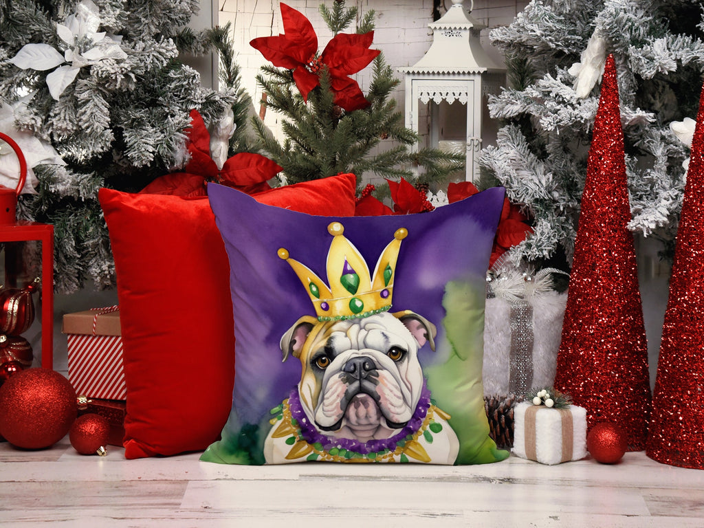 English Bulldog King of Mardi Gras Decorative Throw Pillow 18x18 Indoor Outdoor Accent Cushion, Fabric Cover with Insert for Sofa, Bed, Porch & Living Room