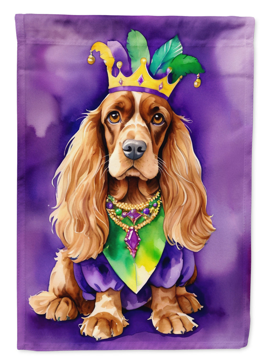 English Cocker Spaniel King of Mardi Gras House Flag 28x40 Porch Sleeve Pole Decorative Outside Yard Banner Artwork Wall Hanging, Polyester