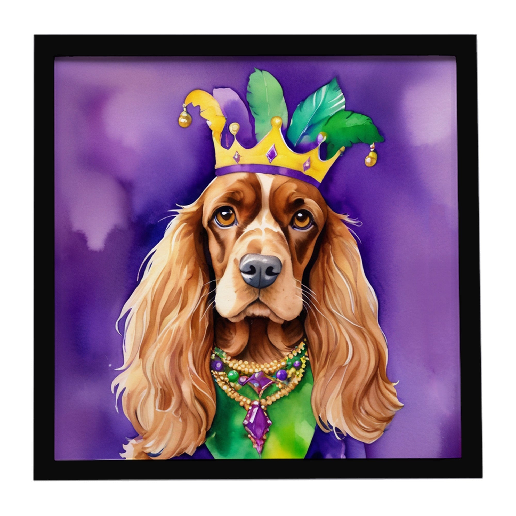 English Cocker Spaniel King of Mardi Gras Framed Metal Print Bathroom, Kitchen, Office, Home Decor Wall Art Ready to Hang, Square, 8X8
