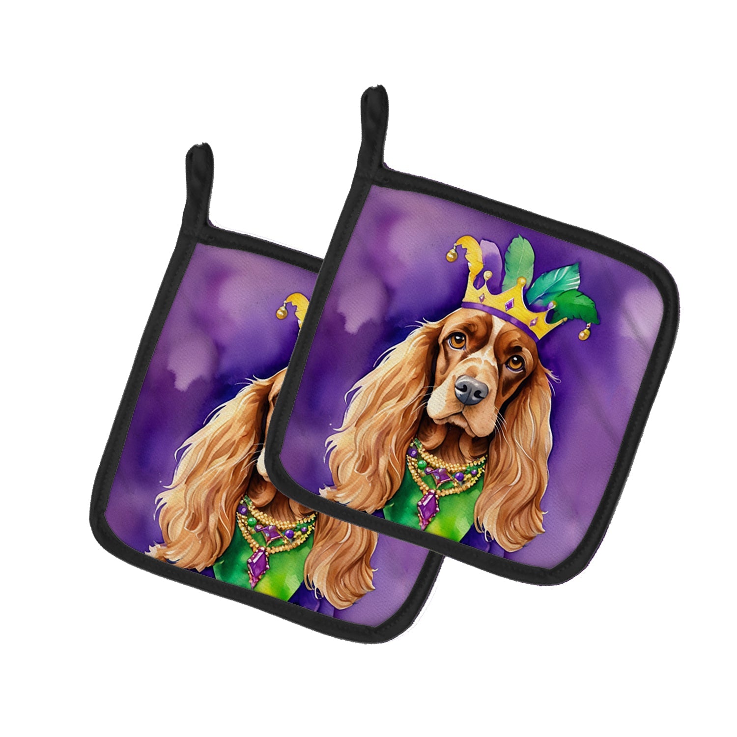 English Cocker Spaniel King of Mardi Gras Pot Holder Set of 2 Heat Resistant Quilted Hot Pads 7.5 x 7.5 Inch, Insulated Kitchen Trivets for Cooking & Baking