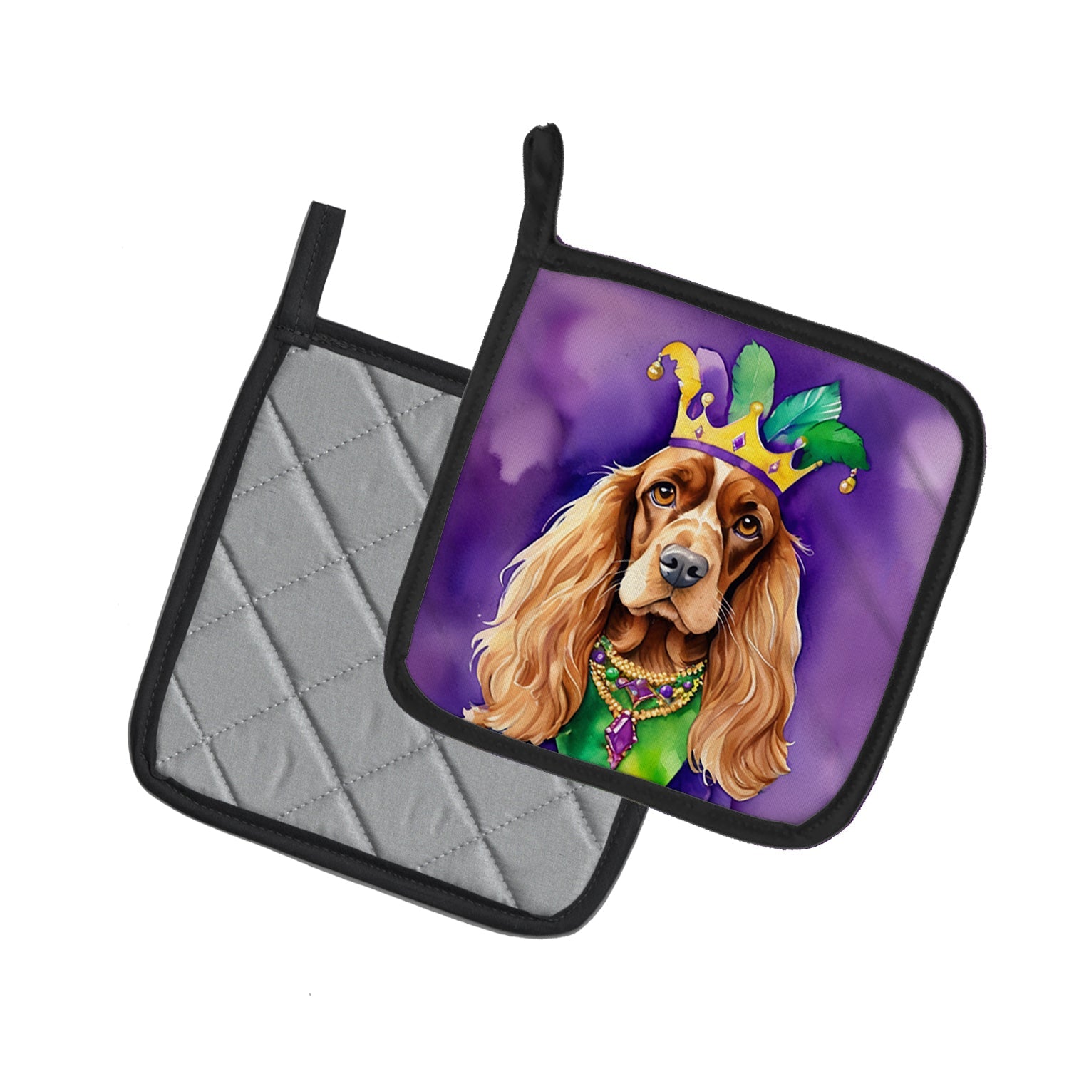 English Cocker Spaniel King of Mardi Gras Pot Holder Set of 2 Heat Resistant Quilted Hot Pads 7.5 x 7.5 Inch, Insulated Kitchen Trivets for Cooking & Baking