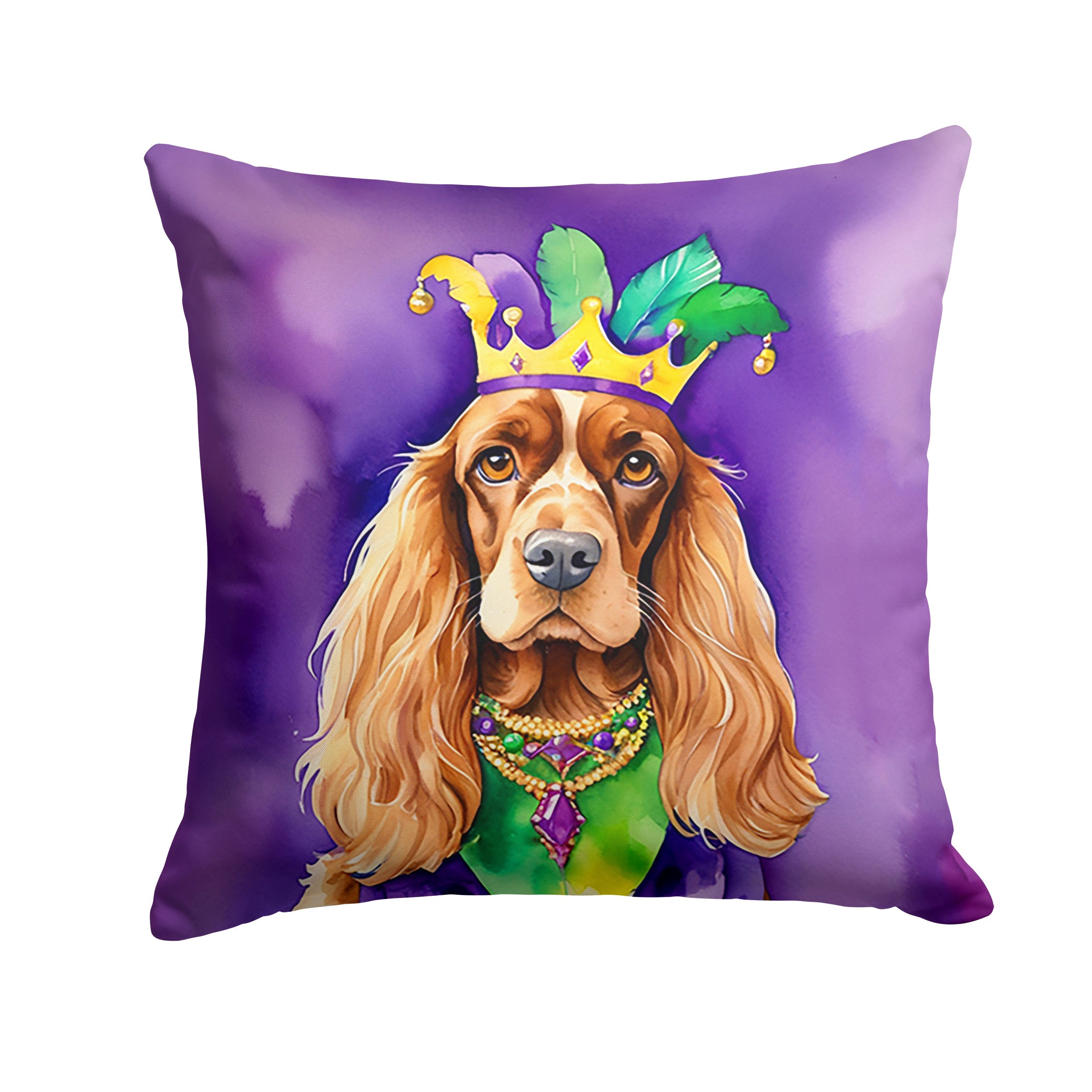 English Cocker Spaniel King of Mardi Gras Decorative Throw Pillow 14x14 Indoor Outdoor Accent Cushion, Fabric Cover with Insert for Sofa, Bed, Porch & Living Room