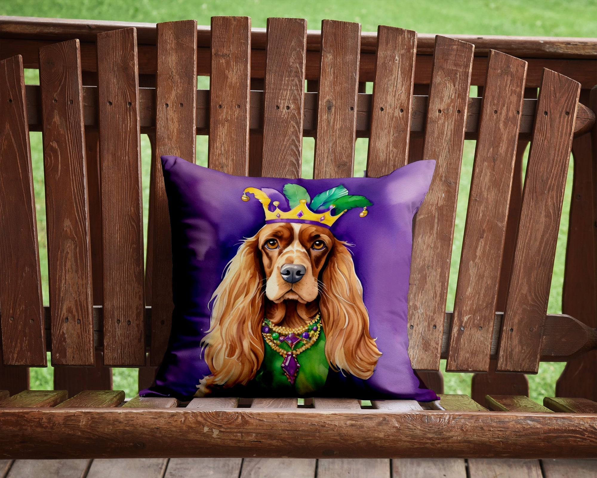 English Cocker Spaniel King of Mardi Gras Decorative Throw Pillow 14x14 Indoor Outdoor Accent Cushion, Fabric Cover with Insert for Sofa, Bed, Porch & Living Room