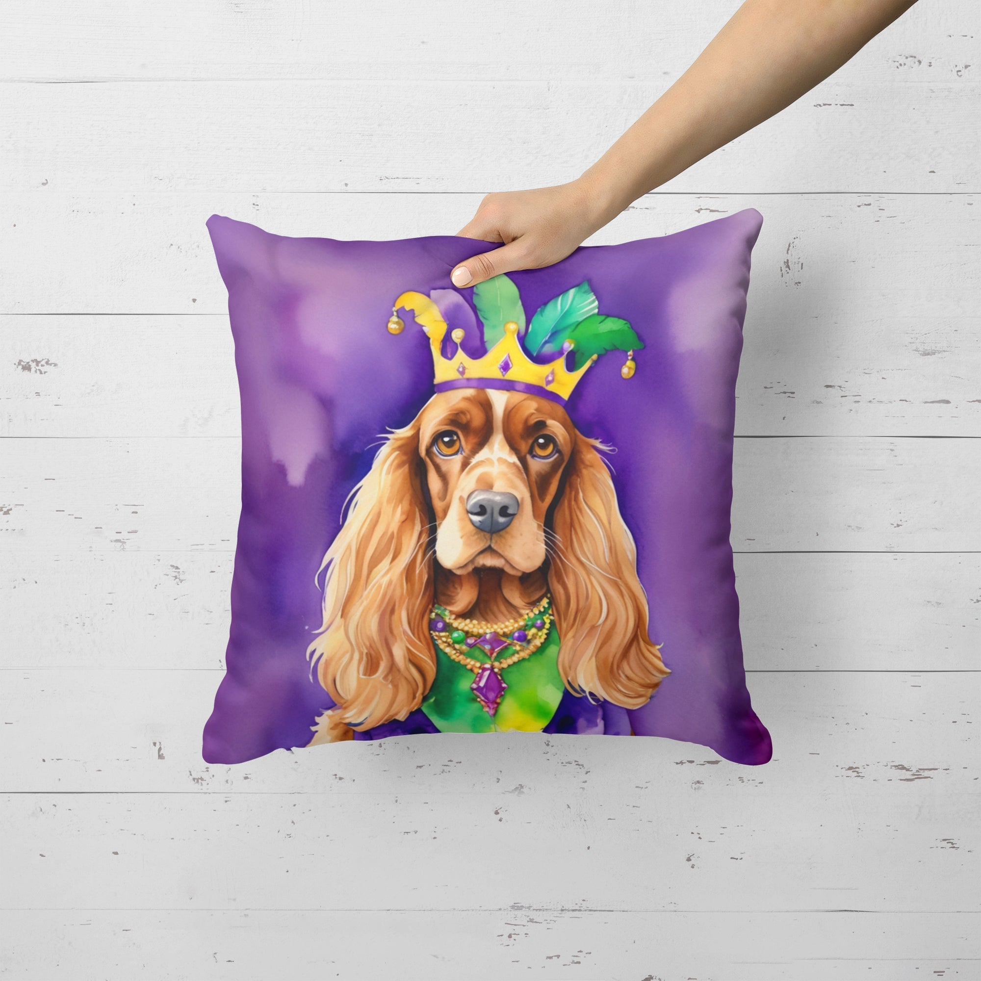 English Cocker Spaniel King of Mardi Gras Decorative Throw Pillow 18x18 Indoor Outdoor Accent Cushion, Fabric Cover with Insert for Sofa, Bed, Porch & Living Room