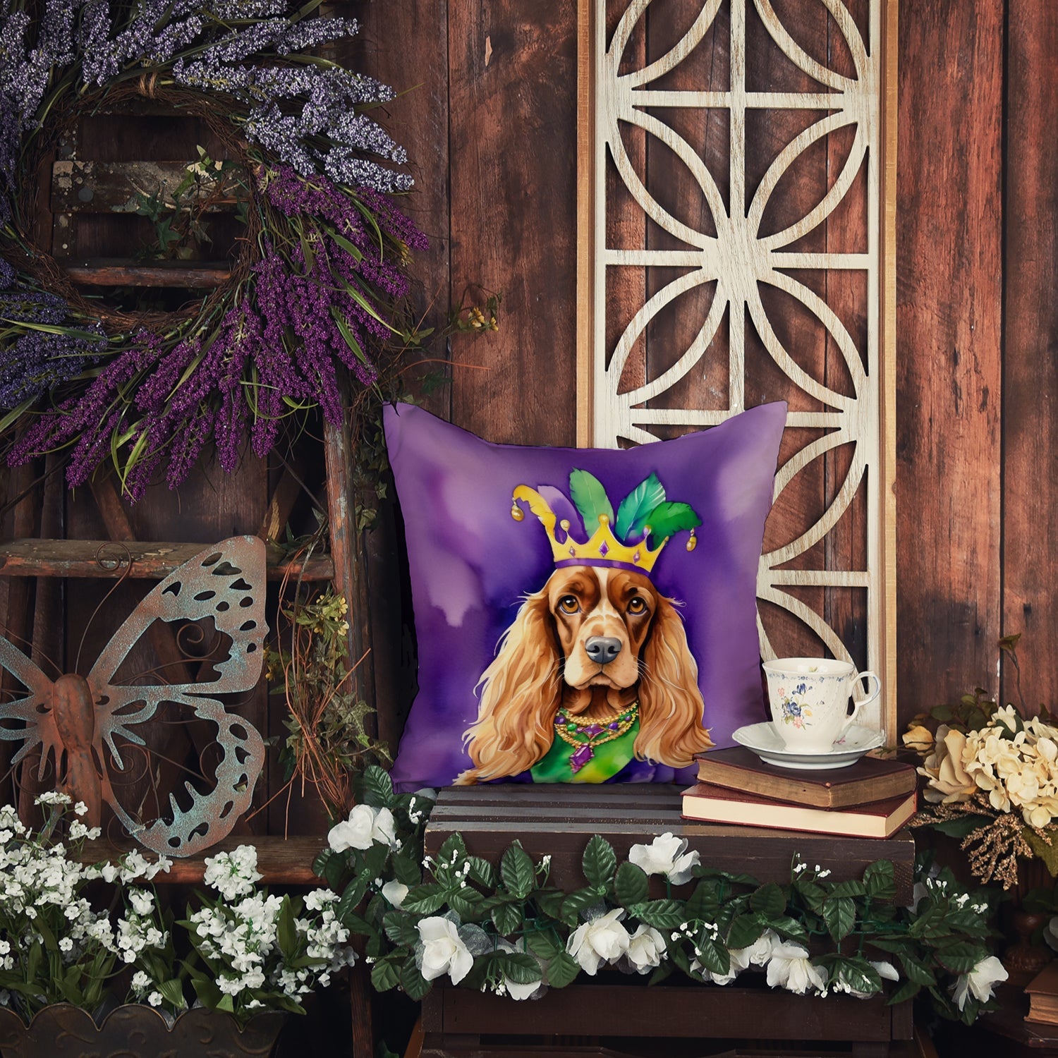 English Cocker Spaniel King of Mardi Gras Decorative Throw Pillow 18x18 Indoor Outdoor Accent Cushion, Fabric Cover with Insert for Sofa, Bed, Porch & Living Room