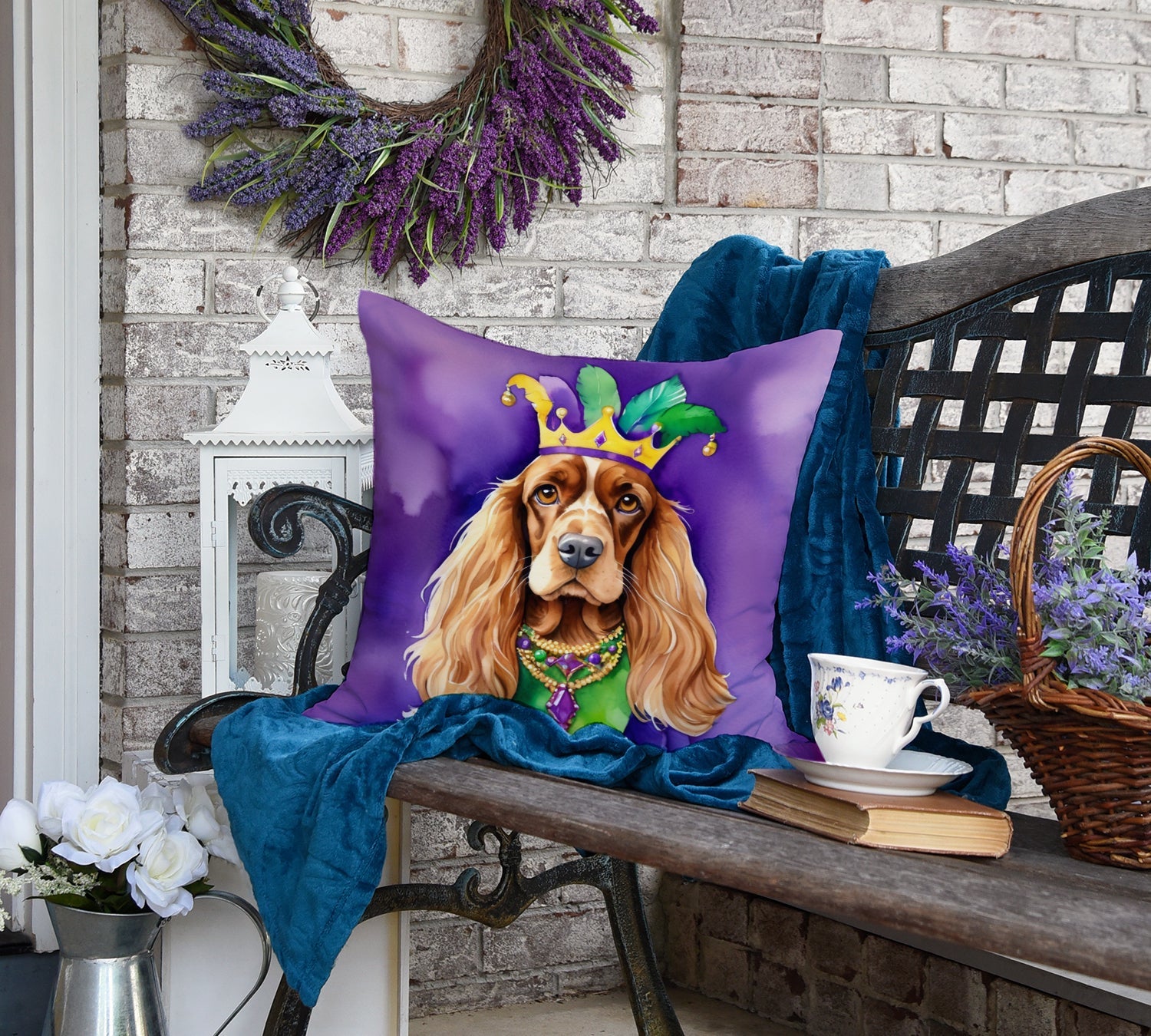 English Cocker Spaniel King of Mardi Gras Decorative Throw Pillow 18x18 Indoor Outdoor Accent Cushion, Fabric Cover with Insert for Sofa, Bed, Porch & Living Room