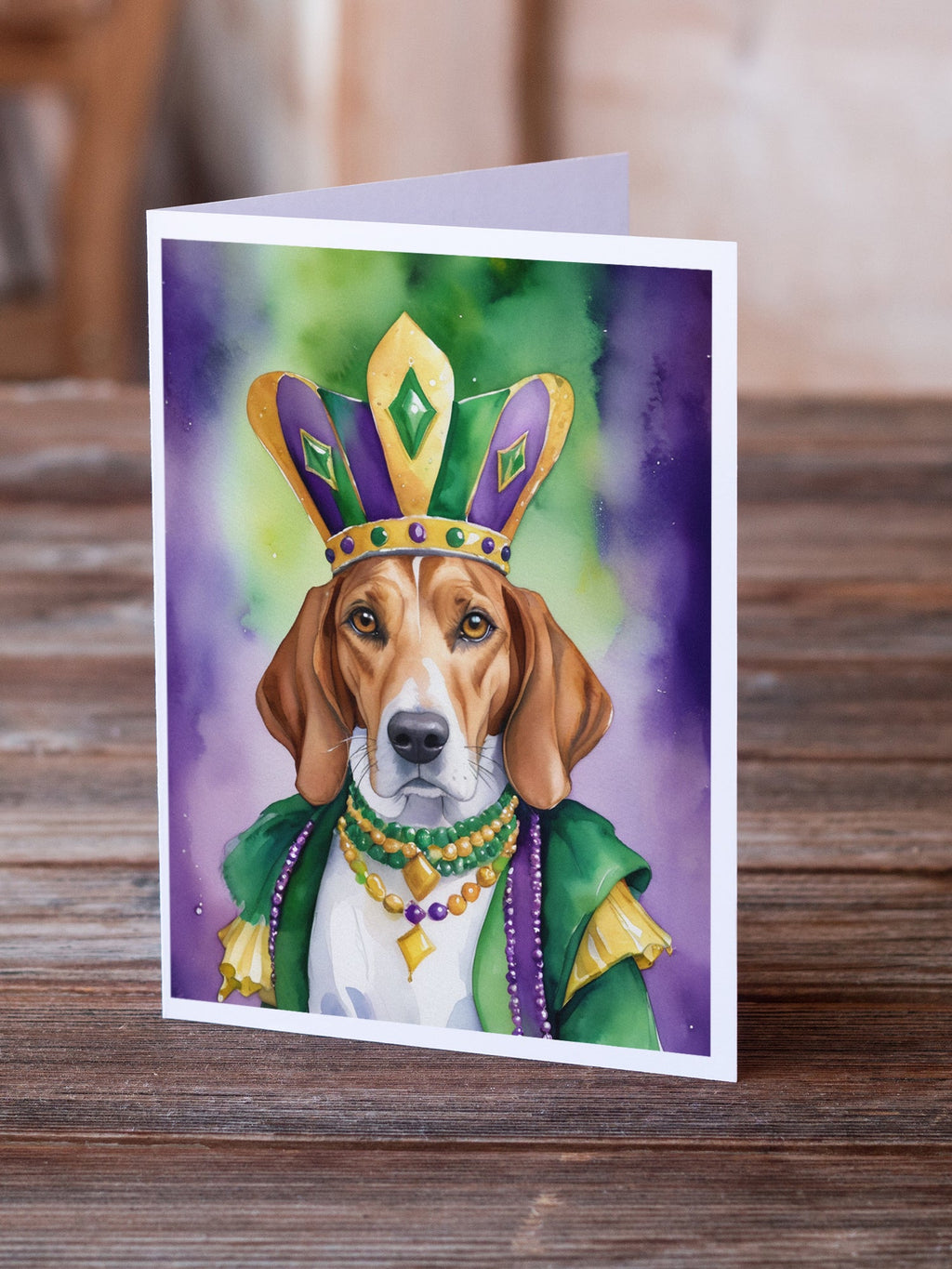 English Foxhound King of Mardi Gras Greeting Cards Pack of 8 Blank Cards with Envelopes Whimsical A7 Size 5x7