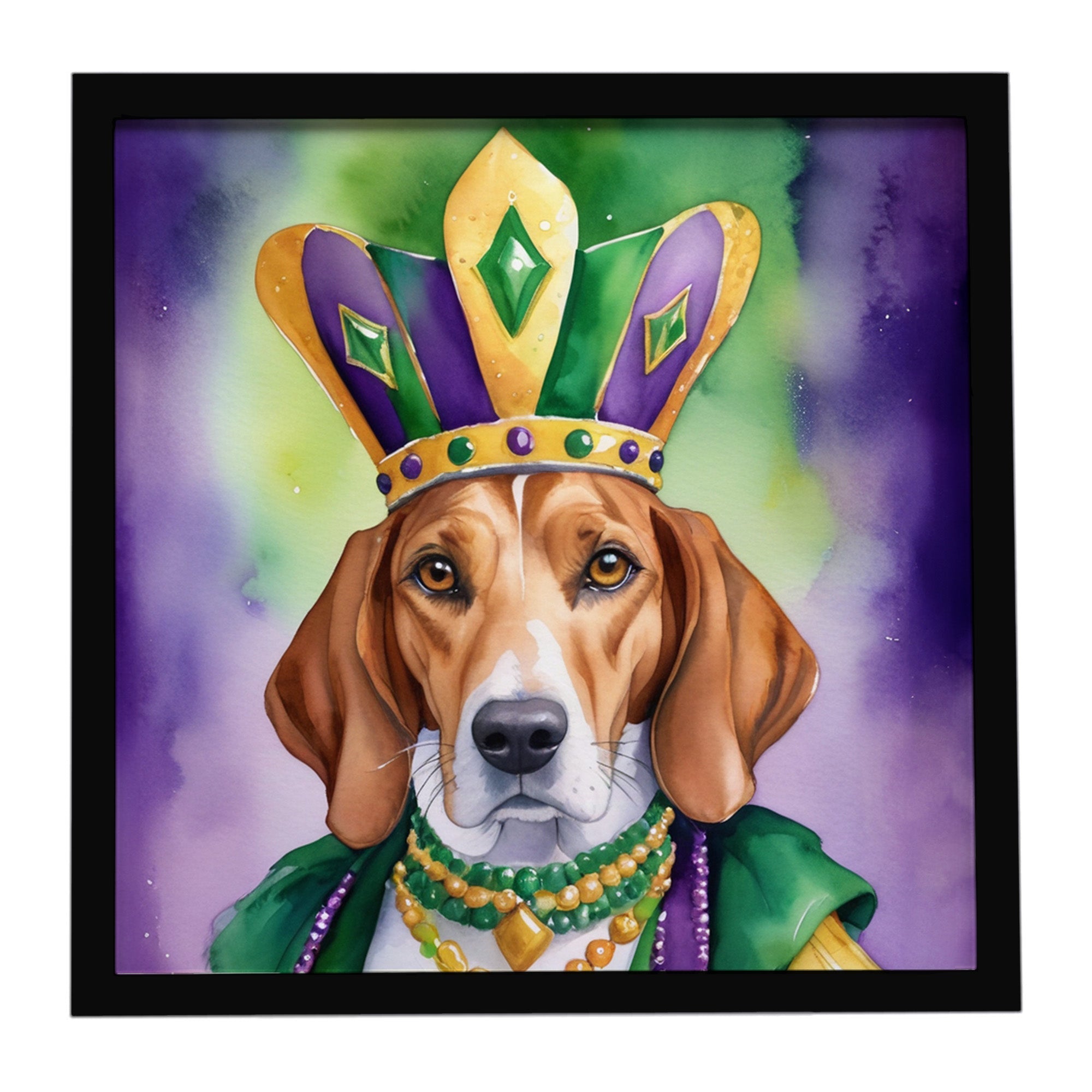 English Foxhound King of Mardi Gras Framed Metal Print Bathroom, Kitchen, Office, Home Decor Wall Art Ready to Hang, Square, 8X8
