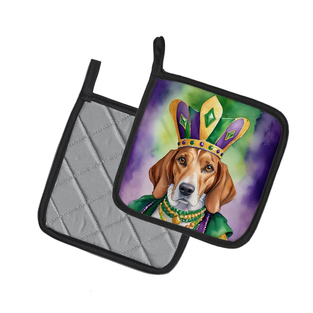 English Foxhound King of Mardi Gras Pot Holder Set of 2 Heat Resistant Quilted Hot Pads 7.5 x 7.5 Inch, Insulated Kitchen Trivets for Cooking & Baking