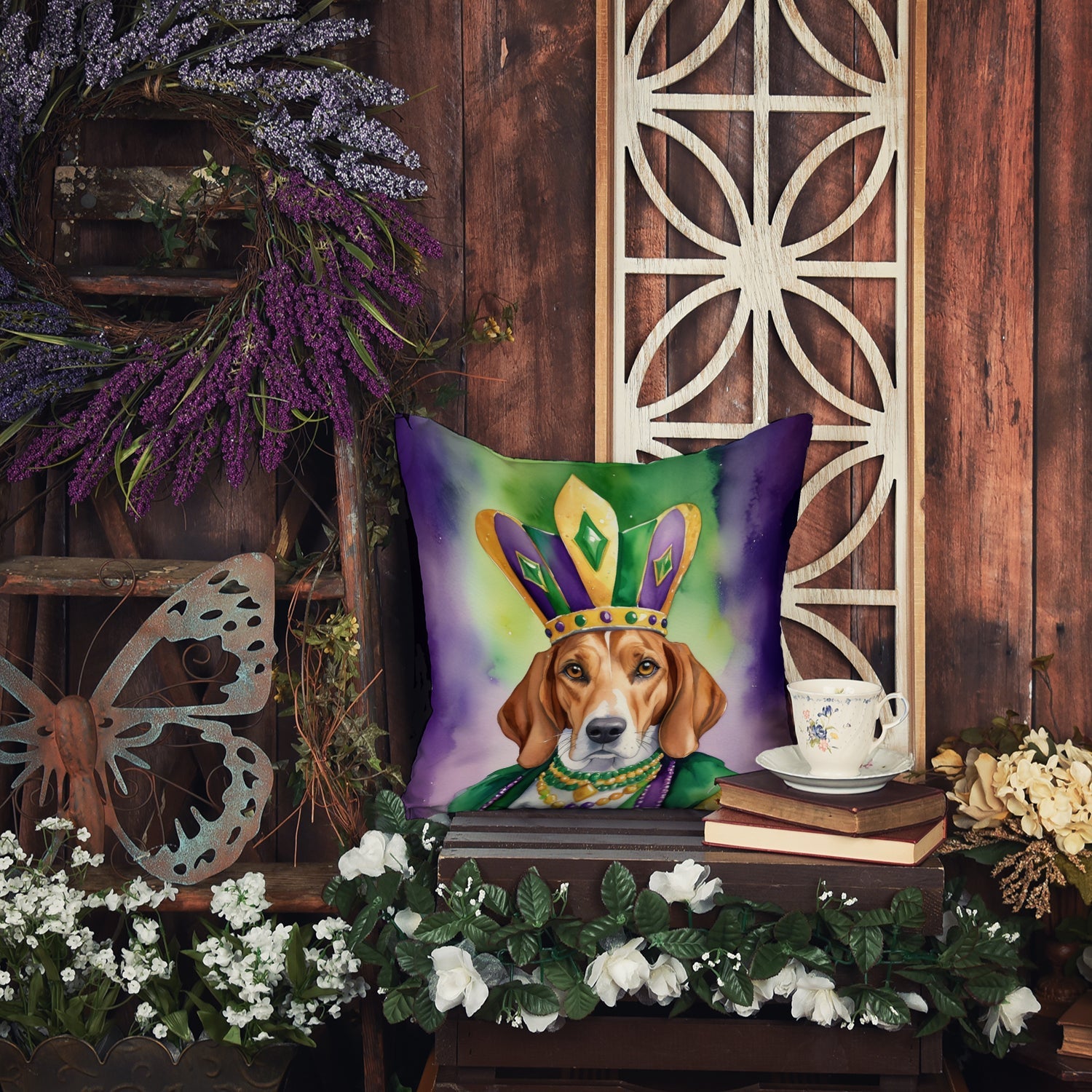 English Foxhound King of Mardi Gras Decorative Throw Pillow 14x14 Indoor Outdoor Accent Cushion, Fabric Cover with Insert for Sofa, Bed, Porch & Living Room