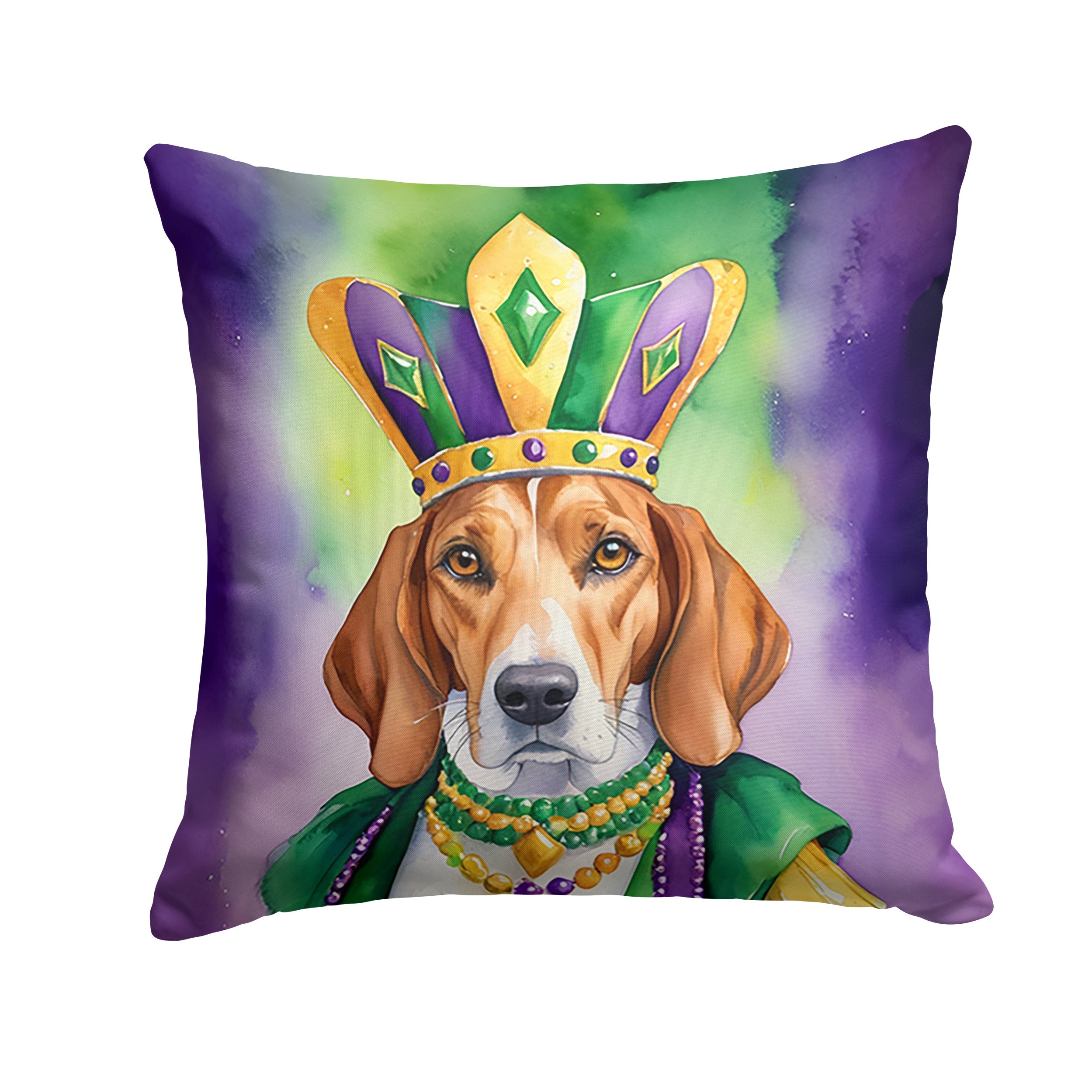 English Foxhound King of Mardi Gras Decorative Throw Pillow 18x18 Indoor Outdoor Accent Cushion, Fabric Cover with Insert for Sofa, Bed, Porch & Living Room