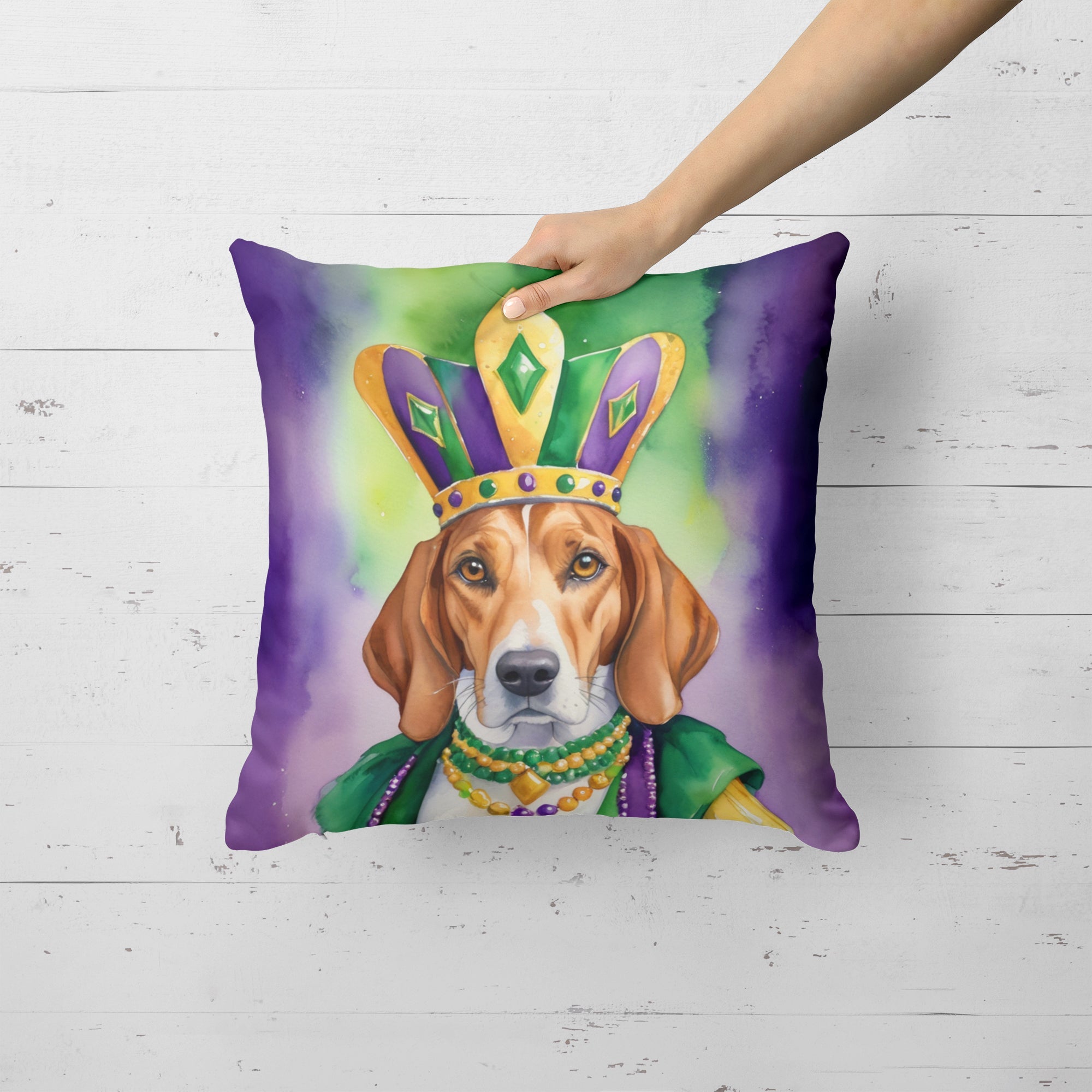 English Foxhound King of Mardi Gras Decorative Throw Pillow 18x18 Indoor Outdoor Accent Cushion, Fabric Cover with Insert for Sofa, Bed, Porch & Living Room