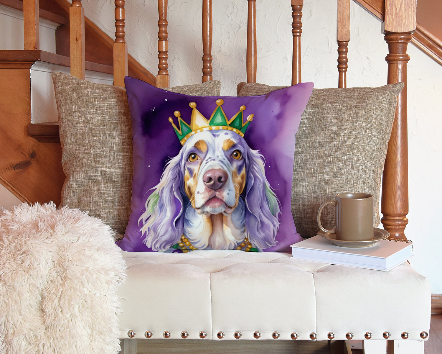 English Setter King of Mardi Gras Decorative Throw Pillow 14x14 Indoor Outdoor Accent Cushion, Fabric Cover with Insert for Sofa, Bed, Porch & Living Room