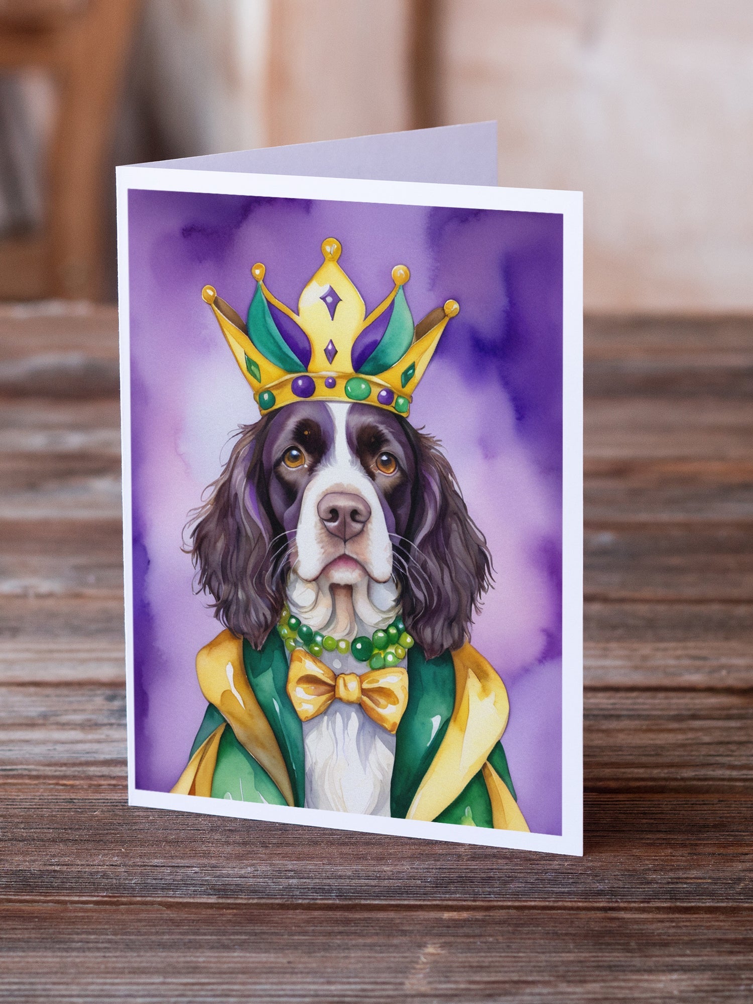 English Springer Spaniel King of Mardi Gras Greeting Cards Pack of 8 Blank Cards with Envelopes Whimsical A7 Size 5x7