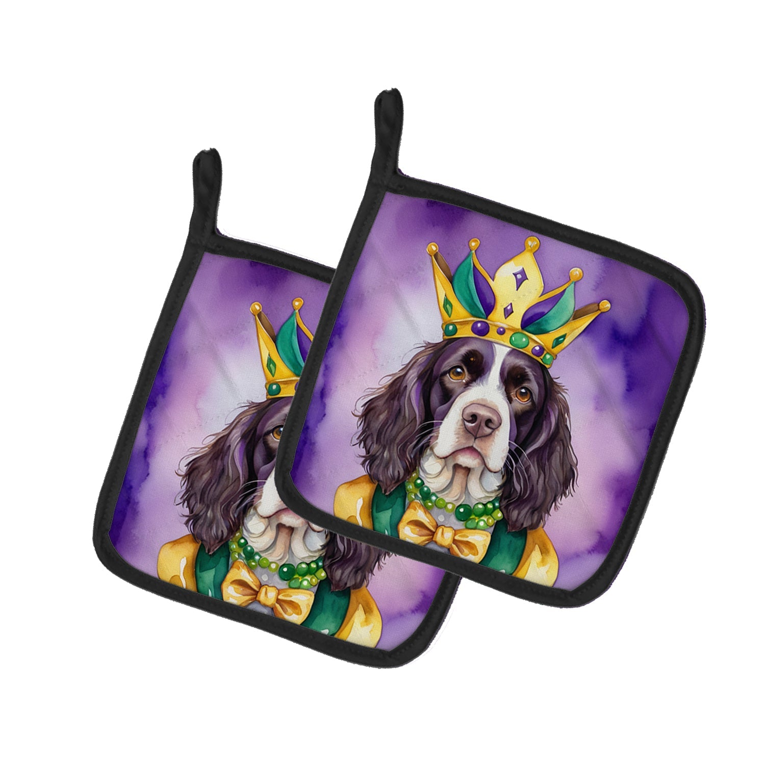 English Springer Spaniel King of Mardi Gras Pot Holder Set of 2 Heat Resistant Quilted Hot Pads 7.5 x 7.5 Inch, Insulated Kitchen Trivets for Cooking & Baking