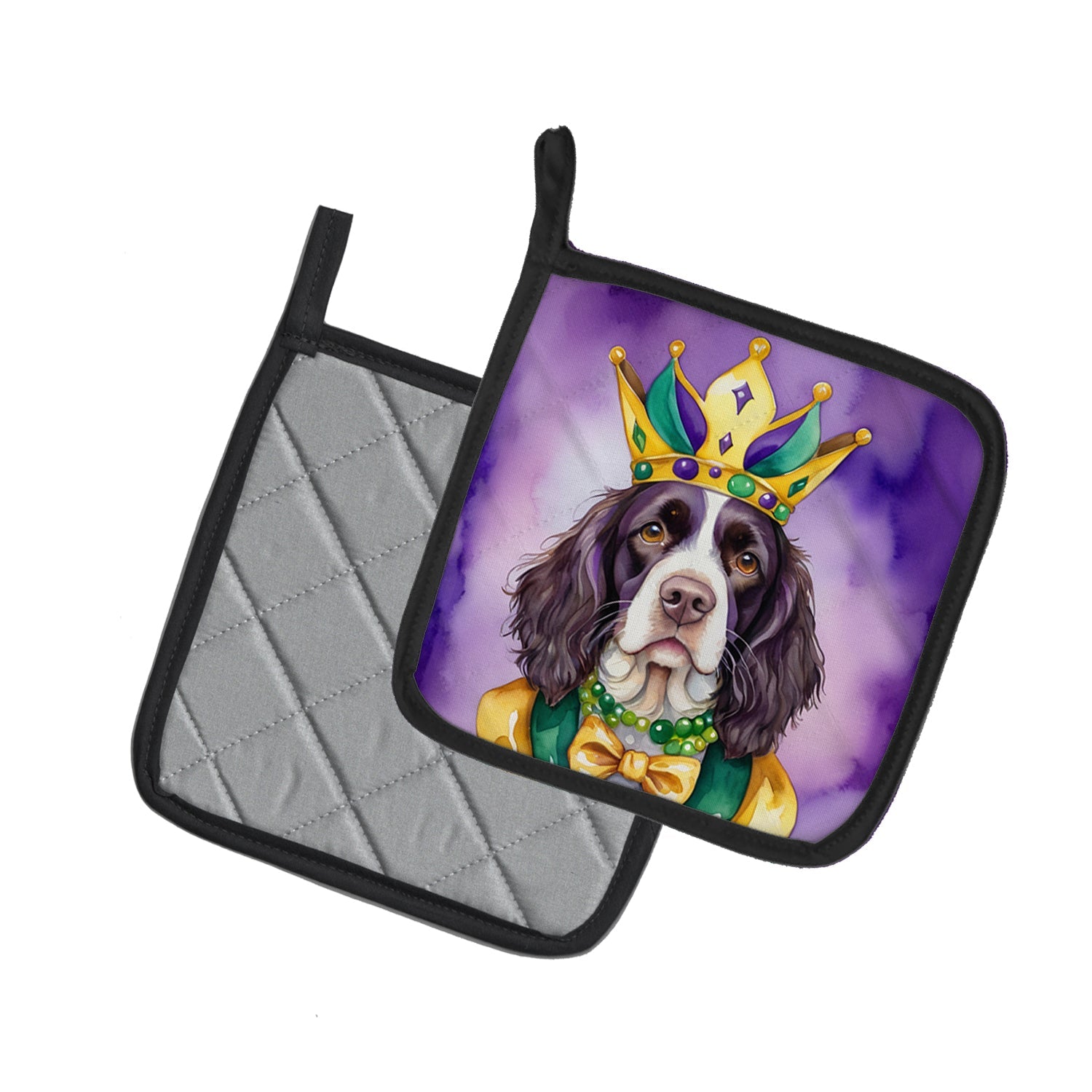 English Springer Spaniel King of Mardi Gras Pot Holder Set of 2 Heat Resistant Quilted Hot Pads 7.5 x 7.5 Inch, Insulated Kitchen Trivets for Cooking & Baking