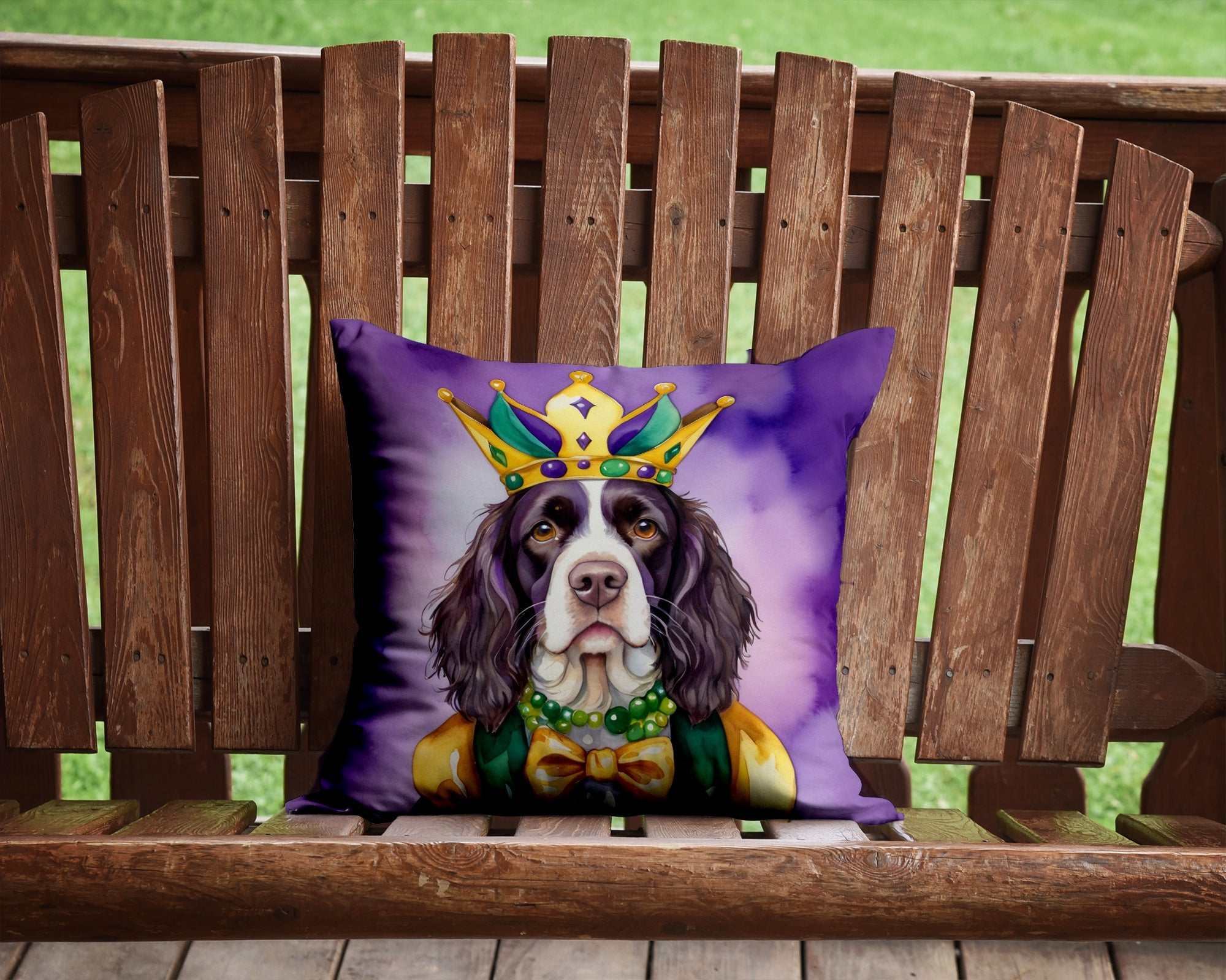 English Springer Spaniel King of Mardi Gras Decorative Throw Pillow 14x14 Indoor Outdoor Accent Cushion, Fabric Cover with Insert for Sofa, Bed, Porch & Living Room