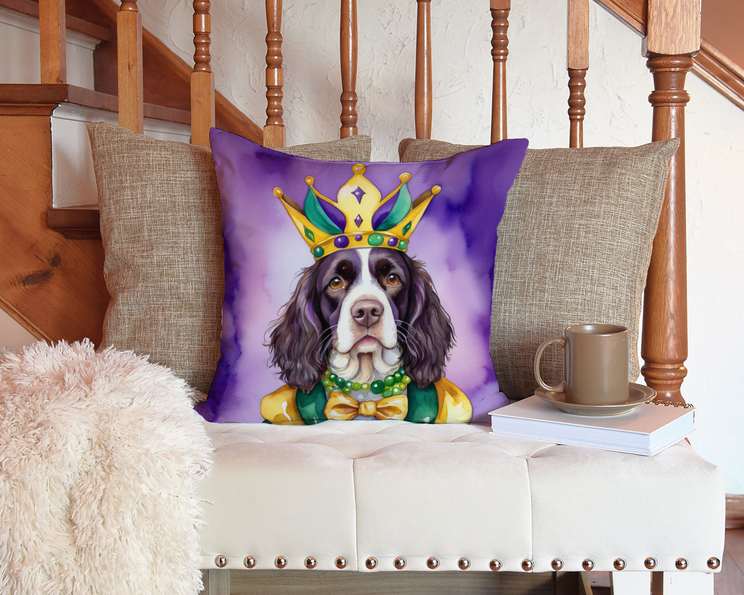 English Springer Spaniel King of Mardi Gras Decorative Throw Pillow 14x14 Indoor Outdoor Accent Cushion, Fabric Cover with Insert for Sofa, Bed, Porch & Living Room