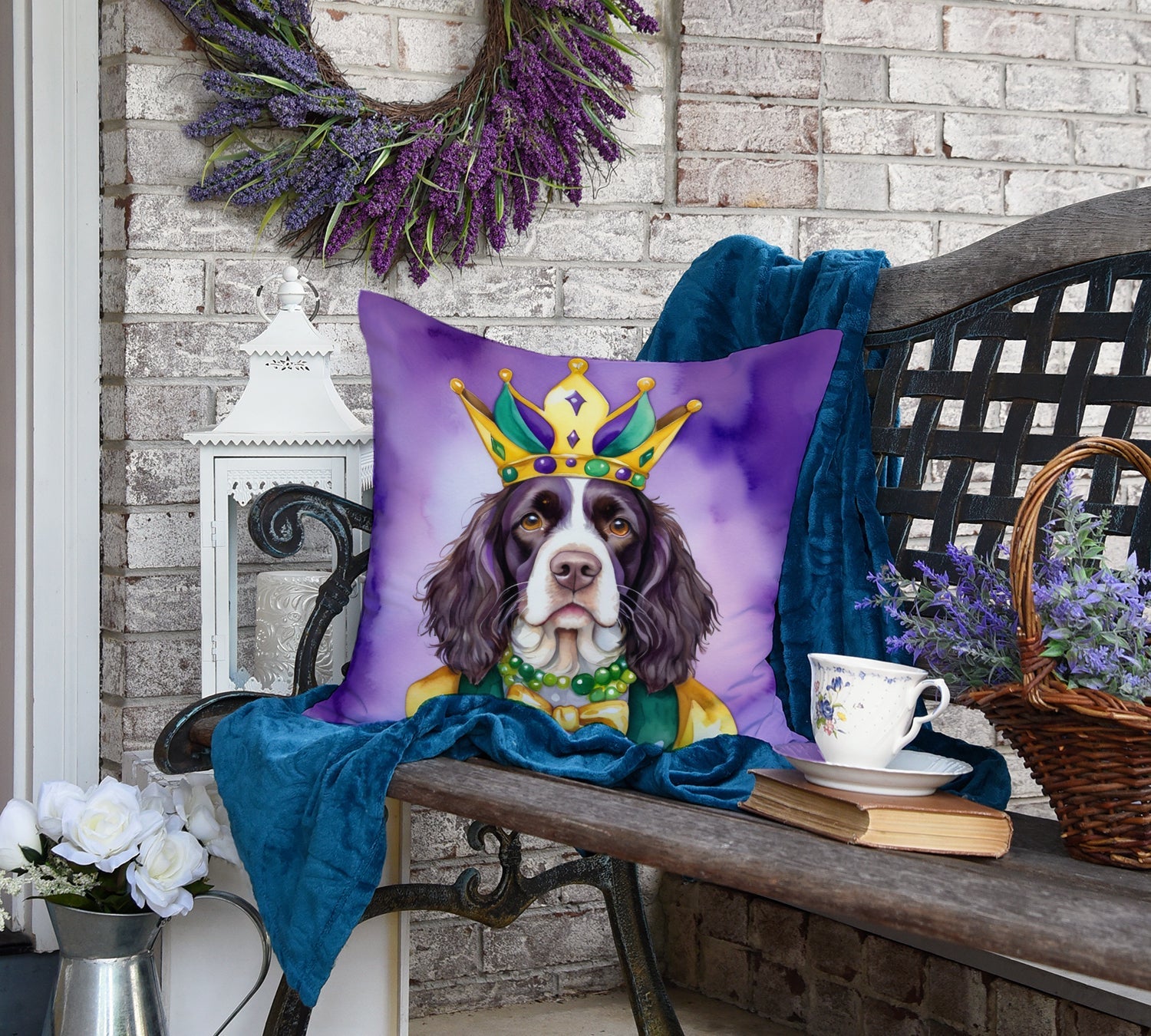 English Springer Spaniel King of Mardi Gras Decorative Throw Pillow 18x18 Indoor Outdoor Accent Cushion, Fabric Cover with Insert for Sofa, Bed, Porch & Living Room