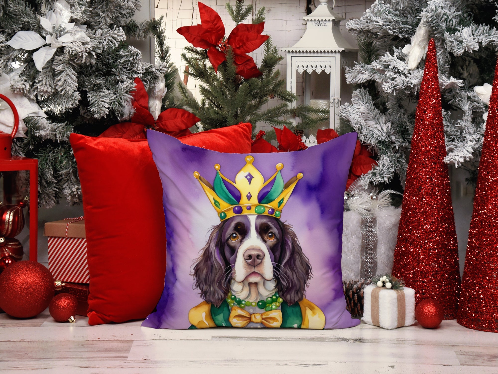English Springer Spaniel King of Mardi Gras Decorative Throw Pillow 18x18 Indoor Outdoor Accent Cushion, Fabric Cover with Insert for Sofa, Bed, Porch & Living Room
