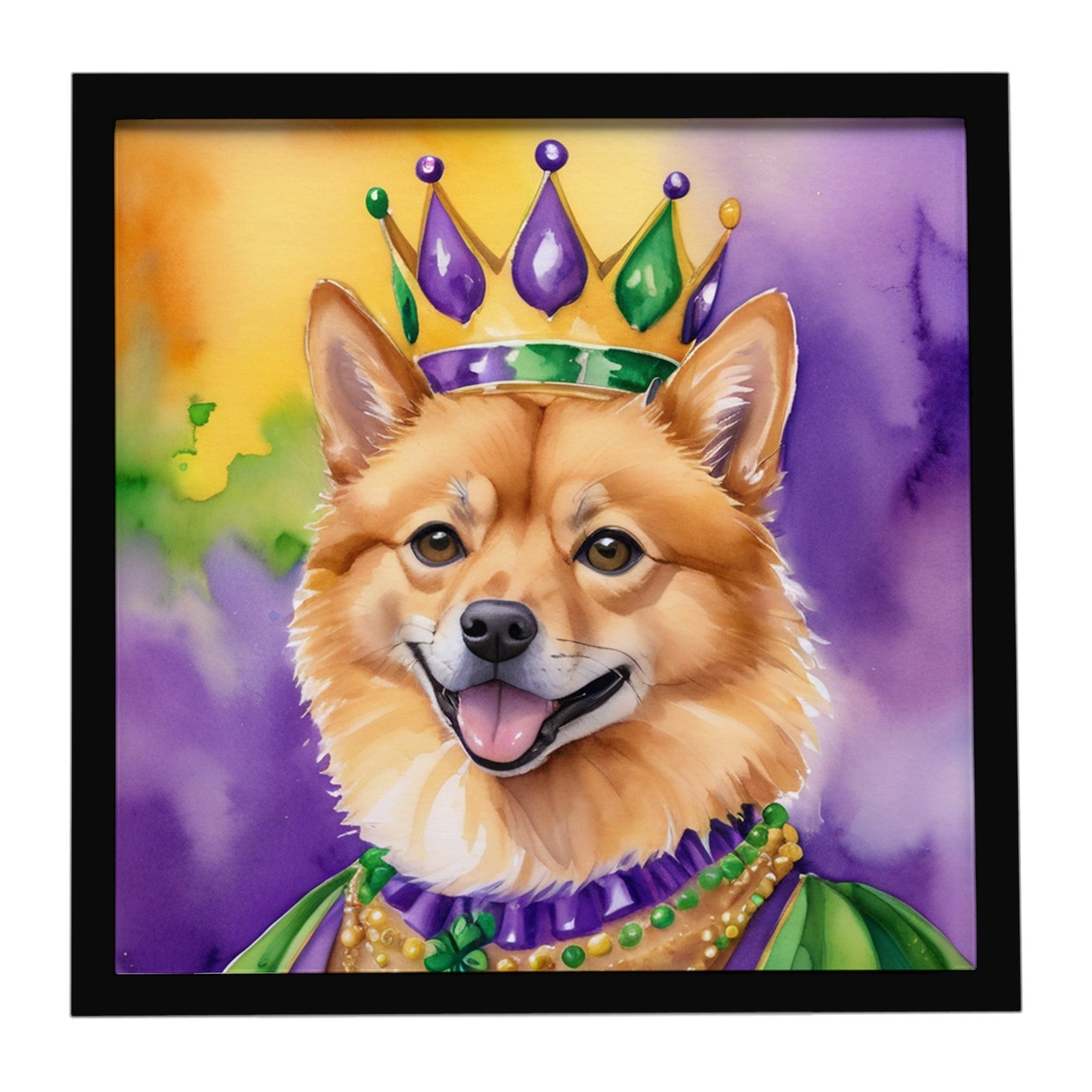 Finnish Spitz King of Mardi Gras Framed Metal Print Bathroom, Kitchen, Office, Home Decor Wall Art Ready to Hang, Square, 8X8